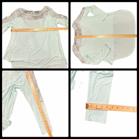 Ling Yi Yuan Mint Green Long Sleeve Stretchy Hi-Lo Top with Lace Panels Large - Picture 11 of 11